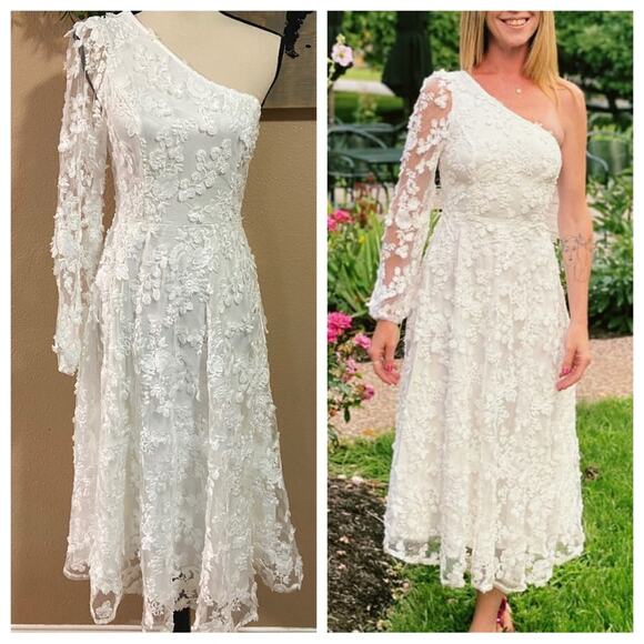 NWOT Lulus Eloquent Elegance White Embroidered Lace One-Shoulder Midi Dr… - Picture 1 of 10